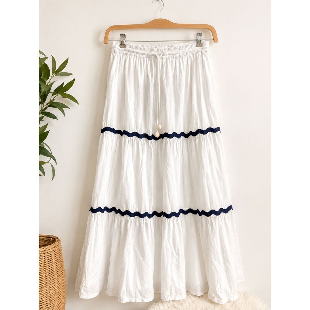 Club Z Collection Women's Cotton White Maxi Skirt with Navy Trim Large